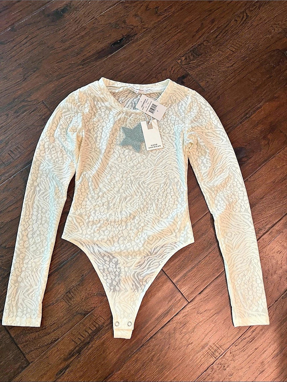 Good American Lace Sheer Long Sleeve Bodysuit in Ivory NWT Small